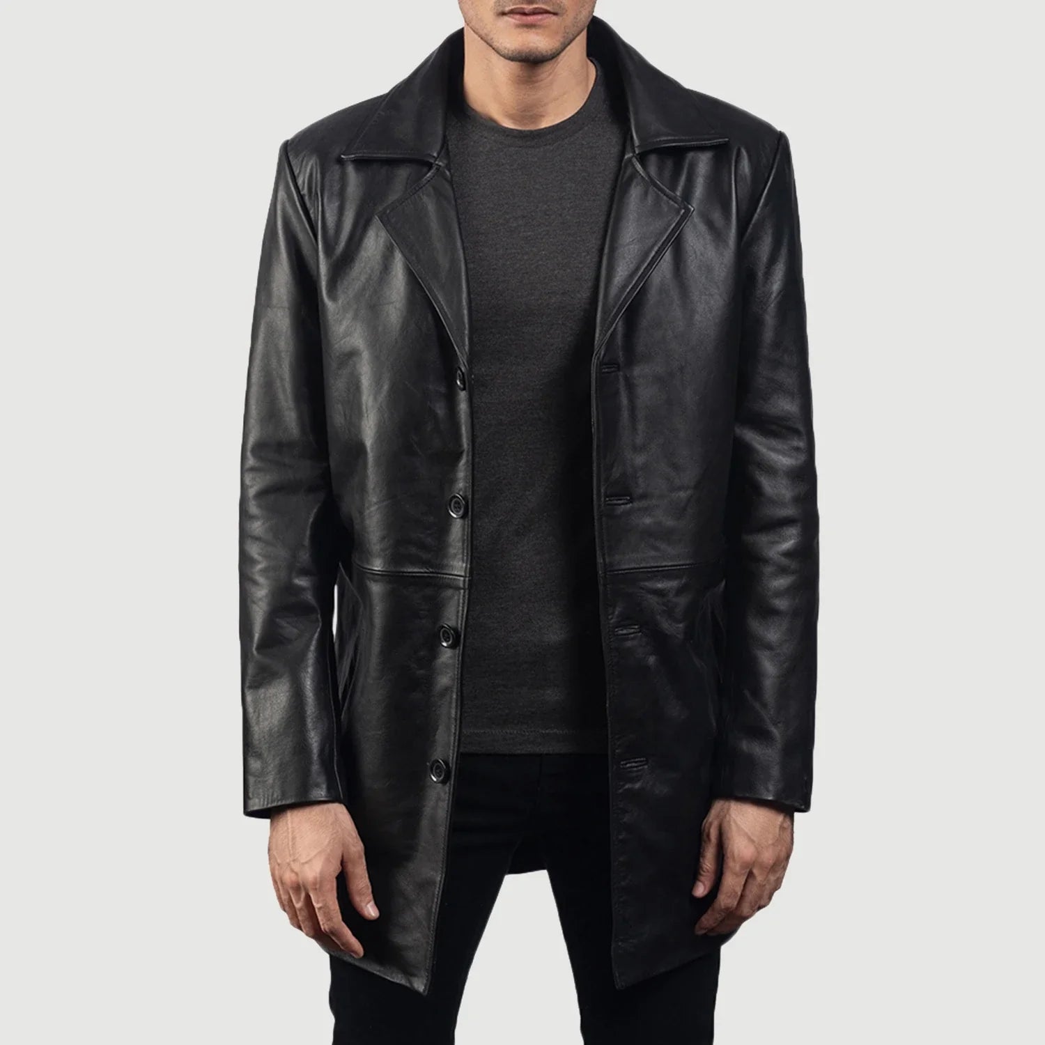 Men_s_Classmith_Black_Leather_Coat_Open_Front_6f6b81b1-4b7c-4092-bd21-64c1198eea4b.jpg Classmith Black Leather Coat - Image 1
