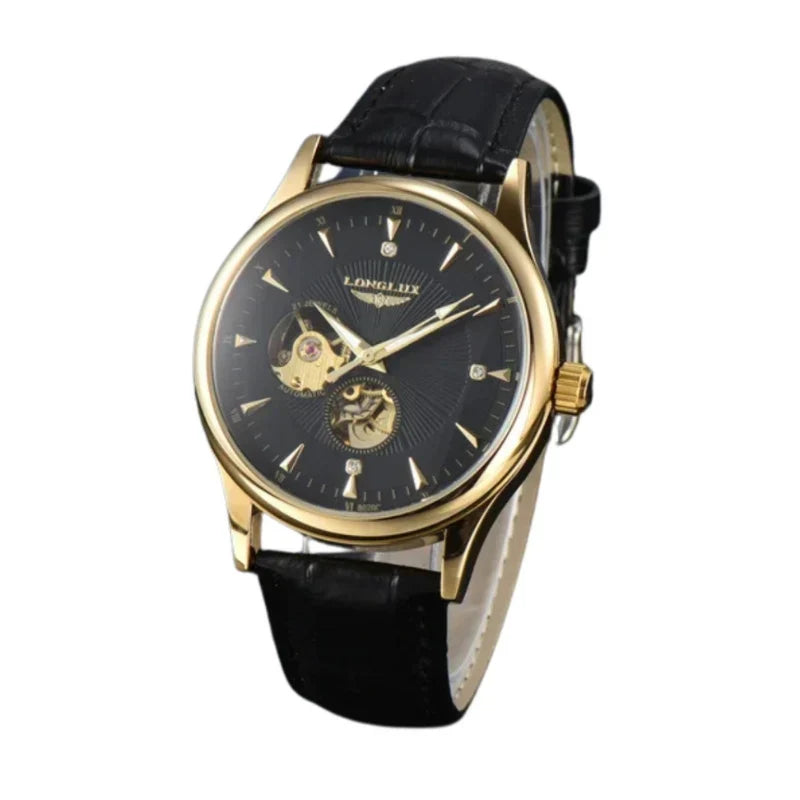 bellagio-01-black-gold-front.jpg Bellagio Open Heart Automatic Watch — 41mm Steel & Leather - Image 1