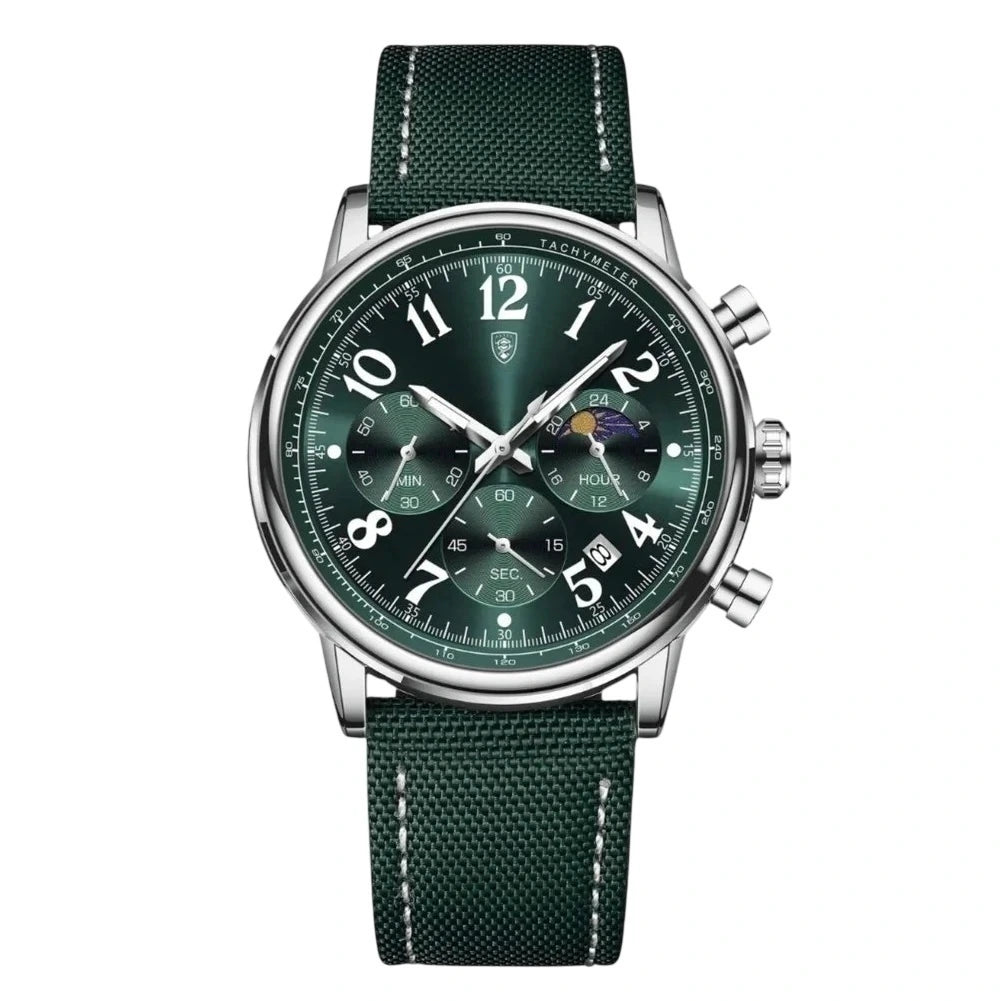 lunario-green-front.jpg Lunario Moon Phase Chronograph — 40mm Steel & Nylon - Image 1