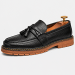 Mens Black Handmade Leather Loafers – British Retro Round Toe Fringe Slip-On Shoes - Image 2