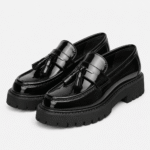 Mens Tassel Loafers – Black & White Leather British Style Slip-On Dress Shoes - Image 2
